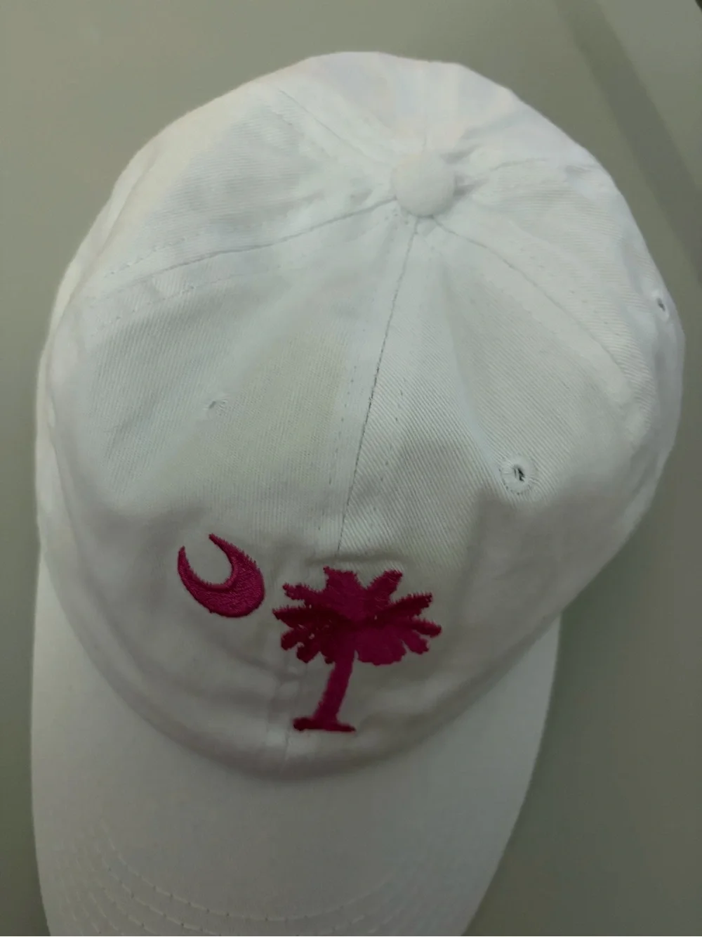 White Baseball Cap with Pink Palm Tree & Crescent Embroidery
